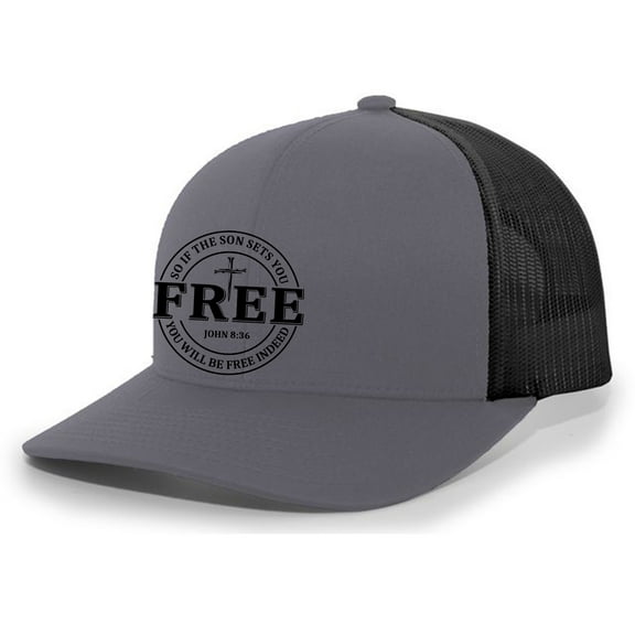 Christian Free Indeed John 8:36 Nail Cross Jesus Mens Mesh Back Trucker Hat Baseball Cap, Charcoal/Black