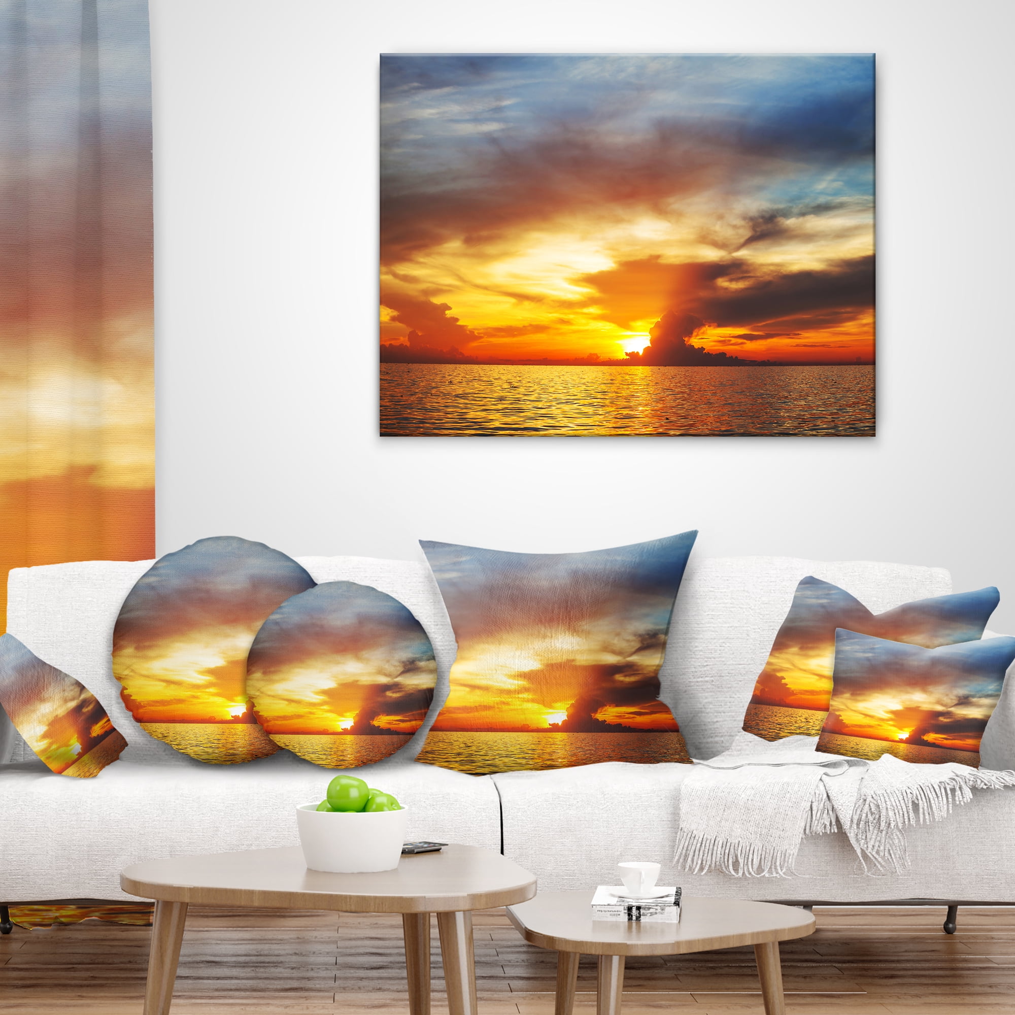 Designart Fiery Sky at Sunset Over Sea - Modern Seashore Throw Pillow - 16x16