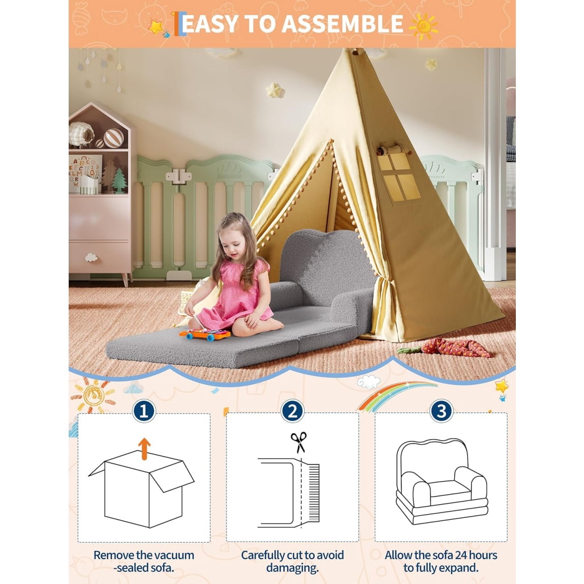 Home Kids Couch, 2-in-1 Convertible Toddler Sofa Chair, Soft Fold Out Couch Lounger for Kids, Comfy Children's Sofa Bed for Playroom