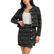 INSPIRE CHIC Women's 2 Piece Skirt Set Plaid Tweed Blazer Button Down Long Sleeve Jacket Mini Skirt Sets S Black