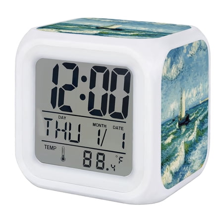 Nautical Sailing Boat Digital Alarm Clock for Bedrooms, Smart LED Alarm Clock with 7 Color Changing Night Light, Ocean Coastal Sea Waves Sky Silent Wake Up Clocks for Sleep Study Cooking 3.2x3.2