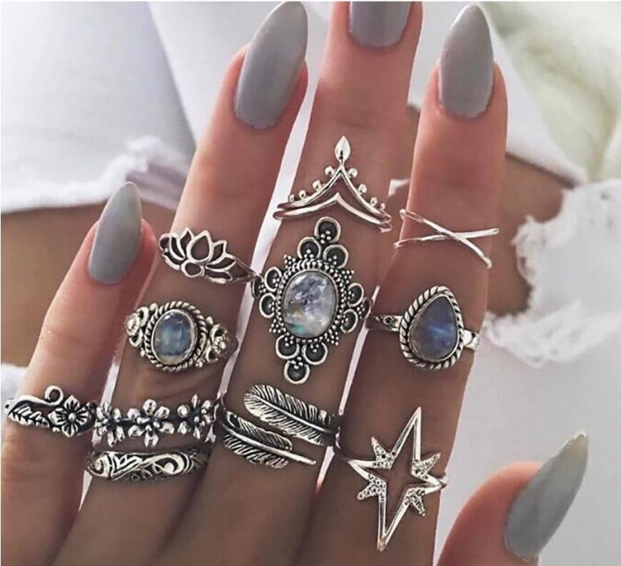 Rings for Women & Girls 11 PCS Set, Stackable Knuckle Ring Boho Bohemian Vintage Gem Stone Jewel Flower Feather Pattern Finger Rings Teens (Silver)