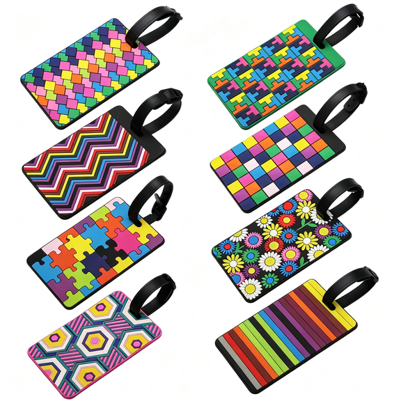 BPPEG 8 Colorful Pvc Luggage Tags with Id Cards and Lanyards | 4.13 X 2.56 in Geometric-Pattern Tags Help Distinguish Suitcases, Backpacks, Duffels and Compatible Travel Bags