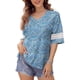 thumbnail image 1 of Camiseta con cuello en V y abertura lateral, puños de encaje sueltos, media manga, Top informal de moda para mujer, patrón azul L, 1 of 7