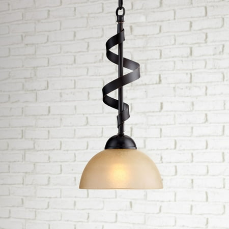 

Franklin Iron Works Oil Rubbed Bronze Mini Pendant Light 7 Wide Farmhouse Industrial Rustic Amber Glass Bowl Shade for Dining Room Kitchen Island