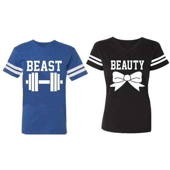 Old Beast Beauty Matching Couple Cotton Jerseys (Men Royal / Women Black) (Men S / Women S)