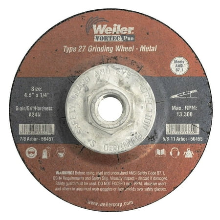 

Weiler Wolverine Grinding Wheels 4 1/2 in Dia 1/4 in Thick 5/8 in Arbor 24 Grit N - 10 EA (804-56455)