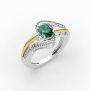 OMRE 925 Sterling Silver and 10K Yellow Gold Genuine Emerald and May Birthstone Ring Women