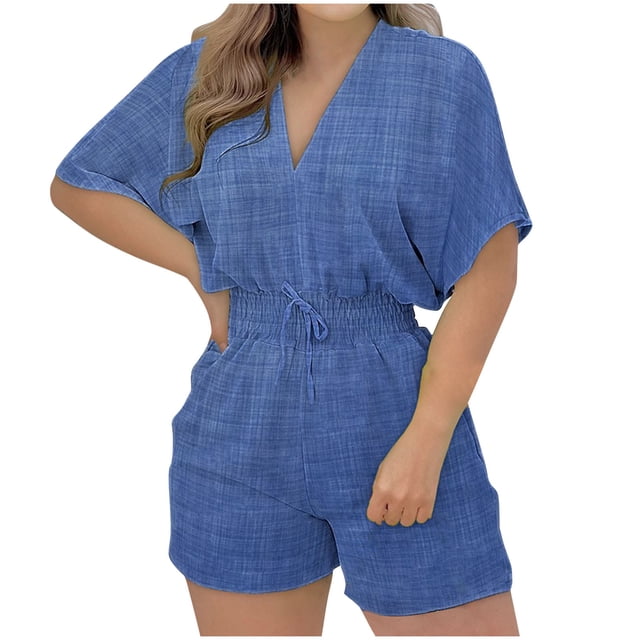 Yuyuzo Womens Rompers Oversized Short Sleeve V Neck Drawstring Waist Overalls Summer Wide Leg Jumpsuits
