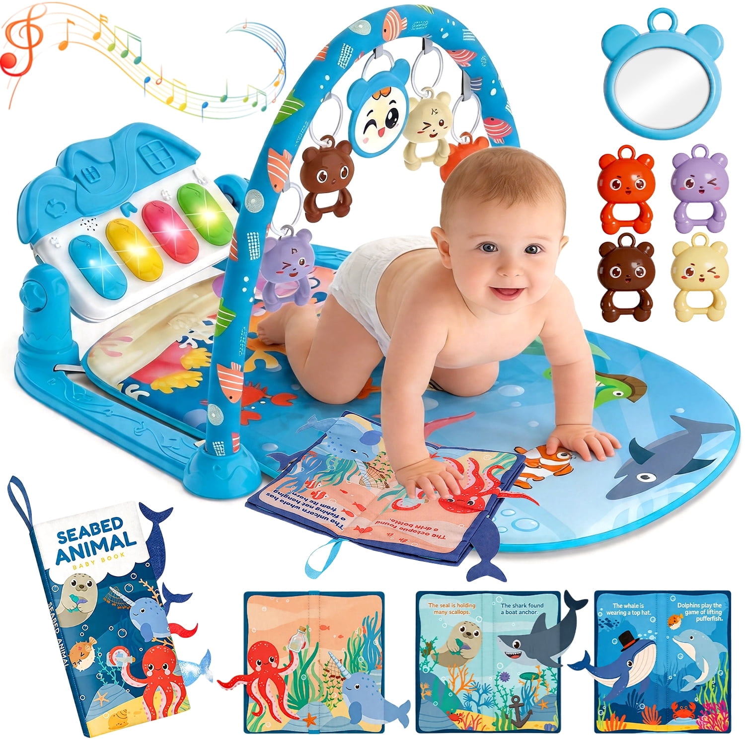 Caunedy 2 in 1 Baby Gym Playmat with Music,5 Sensory Montessori Toys & Tummy Time Mirror,Newborn Gift for Infants 0-12 Months