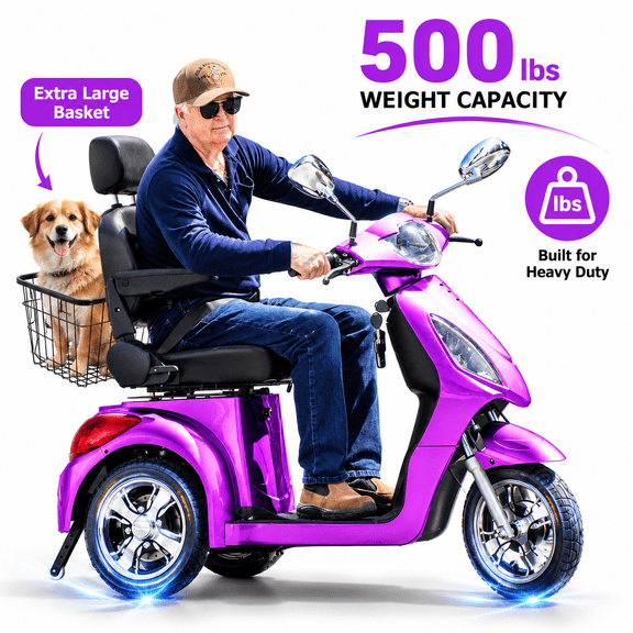 LiltJan 3-Wheel Electric Mobility Scooter for Seniors, 500lb Heavy Duty Capacity Power Scooter, 800W Motorized Medical Scooter with 31-Mile Long Battery Life