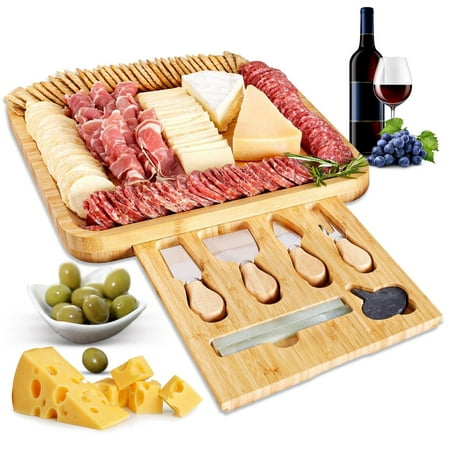 

Noble Nest Bamboo Bamboo Cheese Board & Knife Gift Set - Charcuterie Board for Meat Platter Fruit & Crackers - Slide Out Drawer with 4 Stainless Steel Knives Chalk Slate Labels and Travel Bag