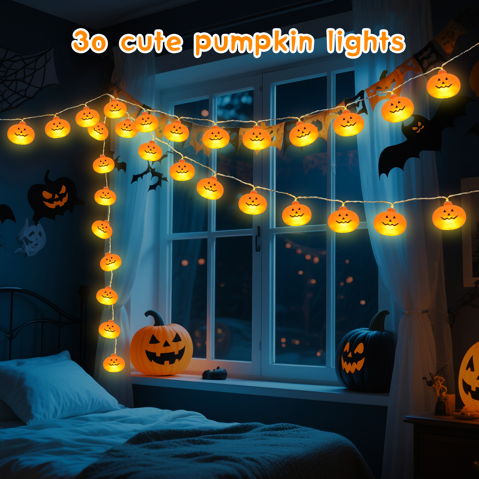 Qoosea Halloween String Lights 14.8ft 30 LED Pumpkin Latern Outdoor Indoor Decoration Orange Holiday Bulbs 8 Modes Battery Operated