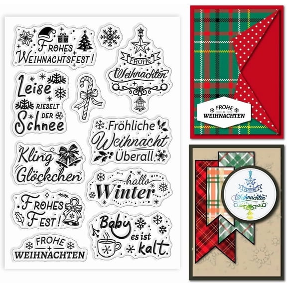 Christmas German Text Clear Stamps Christmas Tree Clear Stamps Jingle Bell Silicone Stamps for DIY Scrapbooking Photo Album Decorative Cards Making 6.3x4.33inch white