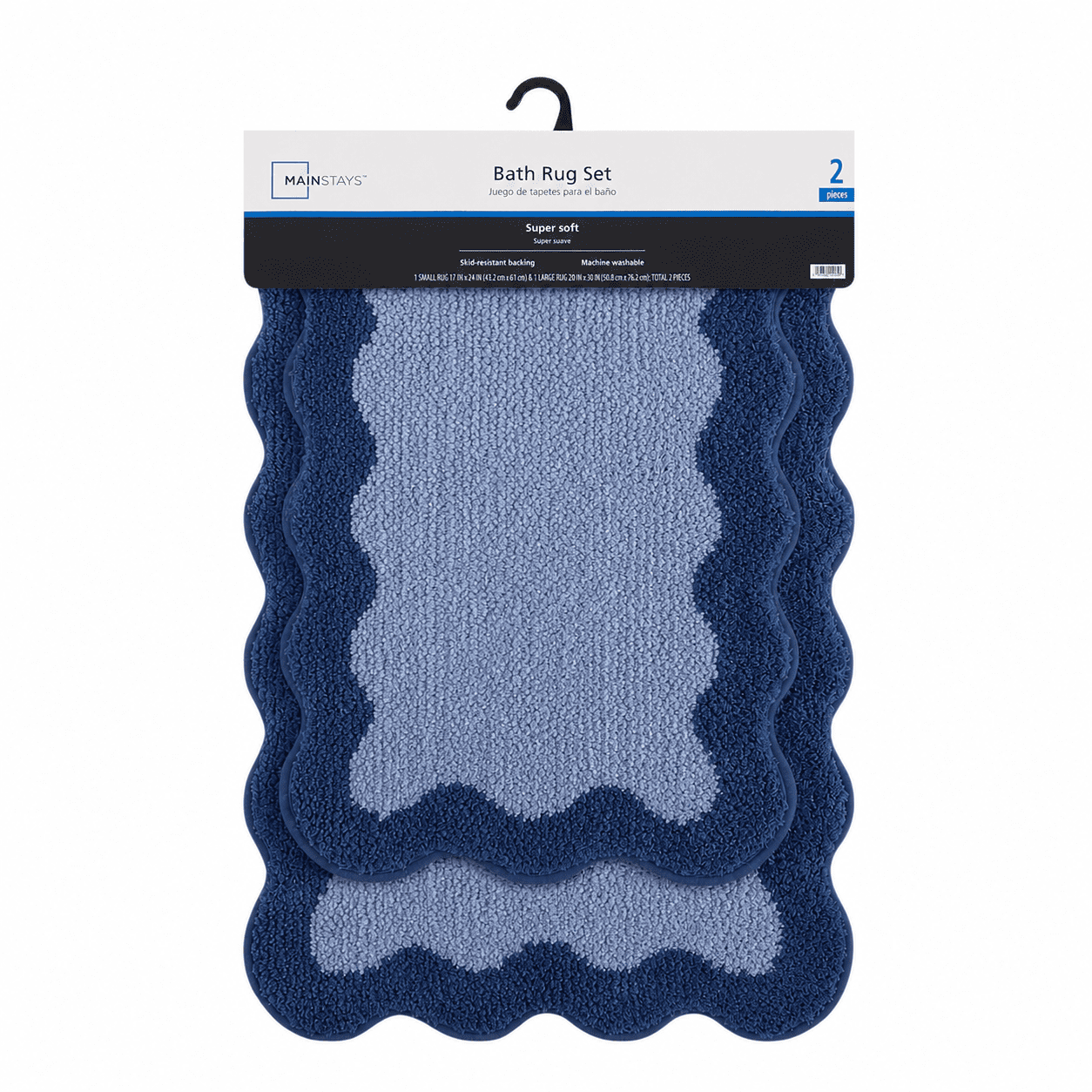 Mainstays Scalloped 2-Piece Rug Set, Blue, 17" x 24" & 20" x 30"