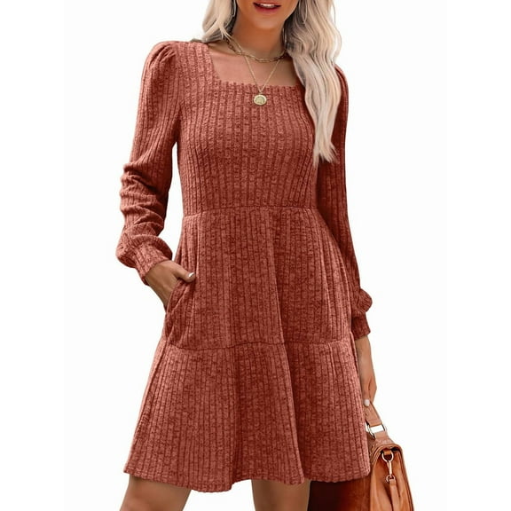 Womens Square Neck Long Sleeve Fall Dresses Casual Babydoll Sweater Dress Brick Red M