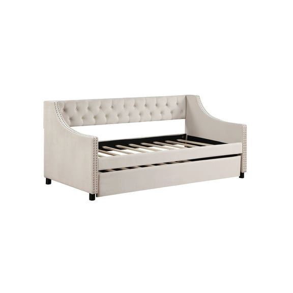 Chic Full Size Daybed with Trundle, Upholstered Tufted Sofa Bed with Buttoned and Copper Nail Trim on Arms - Beige