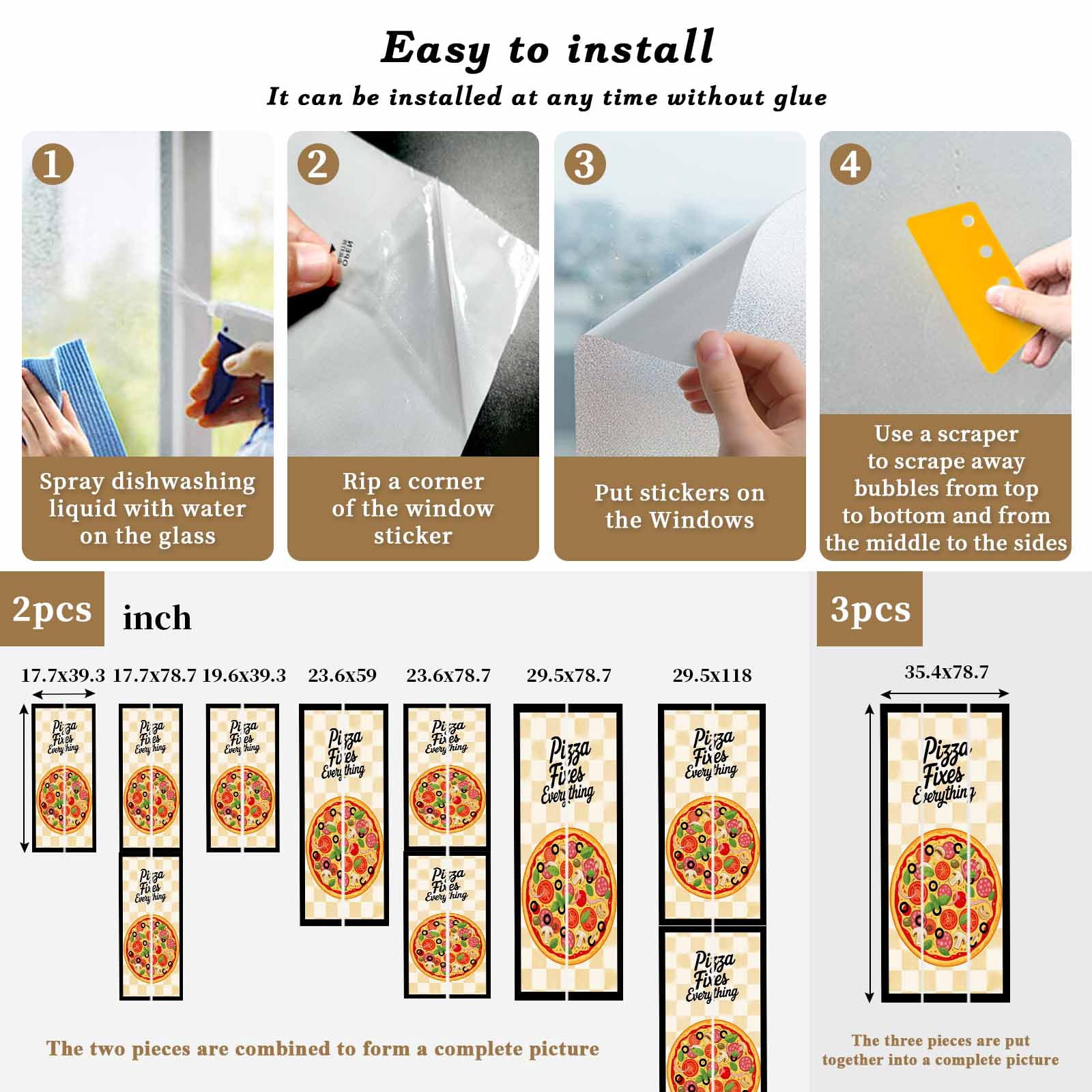 Pizzas Window Privacy Film, Retro Pizzas Art Vintage Yellow Plaid Black Borderlines Frosted Glass Window Clings Static Cling UV Heat Blocking Reusable Door Sticker for Bathroom 23.6 x 59 Inch