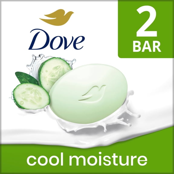 Dove Beauty Bar Soap for Refreshed Skin Cool Moisture Cucumber Green Tea Scent Leaves Skin Refreshed 2 ct / 3.75 oz