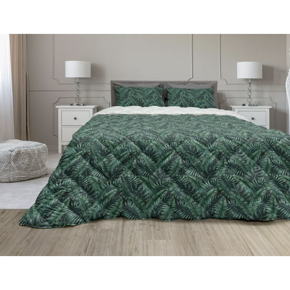Palm Leaf Comforter & Sham Bedding Set, Watercolor Tropical Jungle Leaves Pattern Fresh Rainforest Hawaii Summer, 3 pcs Duvet Set Microfiber Filling Quilt, 5 Sizes, Dark Green Black, by Ambesonne
