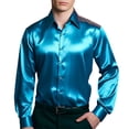 thumbnail image 2 of Mens Satin Dress Shirt Solid Long Sleeve Button Down Shirts Formal Casual Business Prom Party Wedding Blue M, 2 of 4