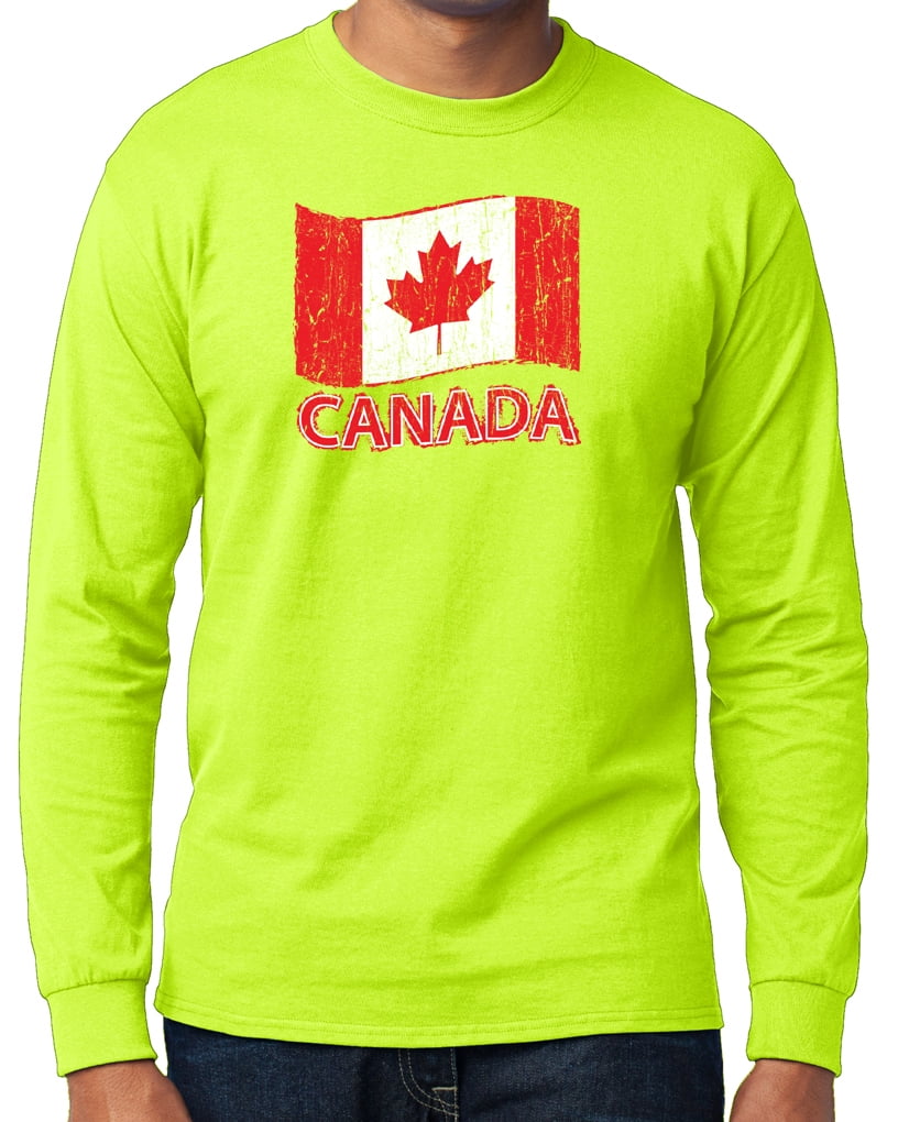 Men's Distressed Canada Flag Long Sleeve Tshirt Safety Green, 6XL