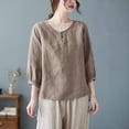 thumbnail image 3 of Mittory Summer Tops for Women Dressy Casual Linen Embroidery Blouse Crew Neck Tunic Elbow Sleeve Shirts, 3 of 7