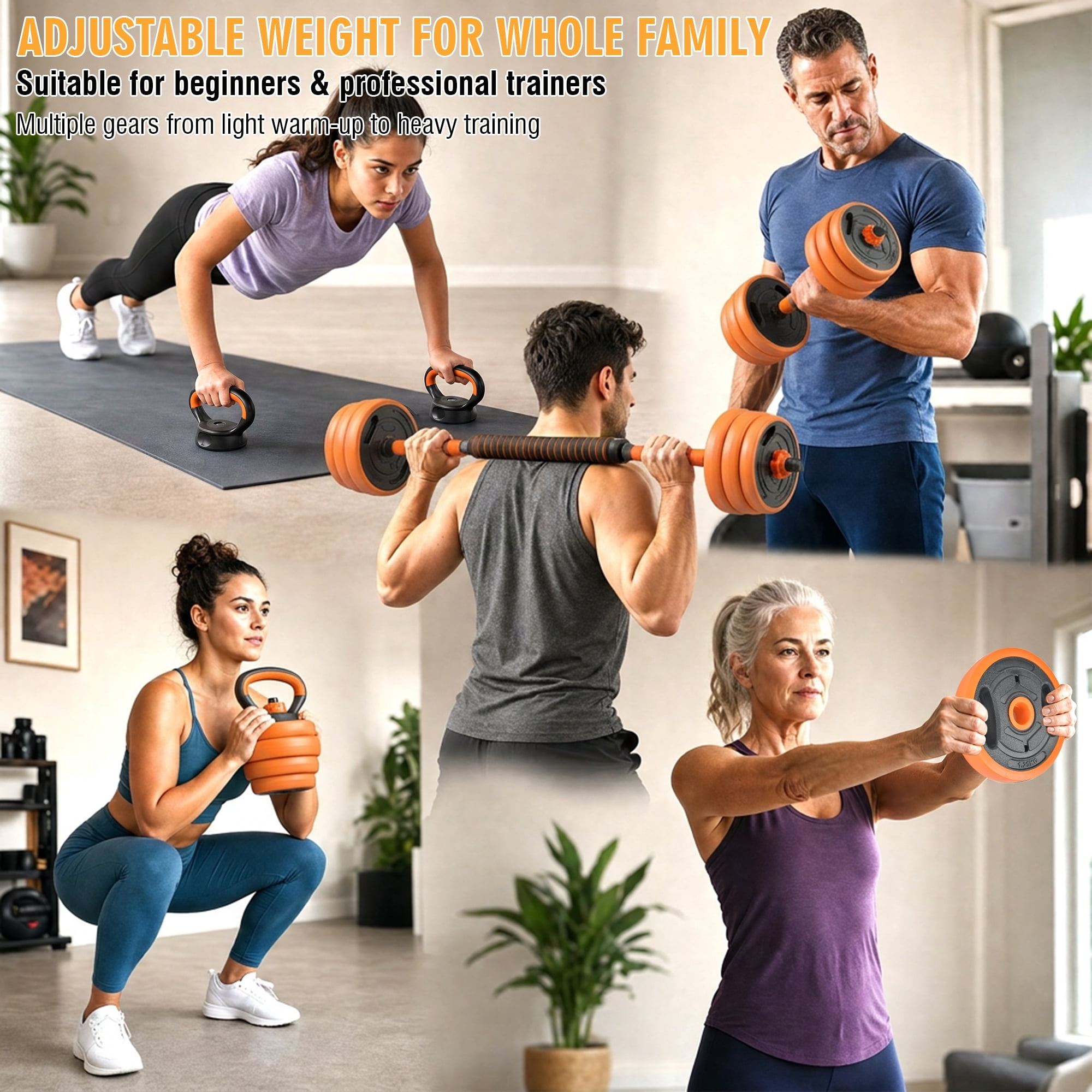 Leumius Adjustable Dumbbell Set,66LBS 4-in-1 Adjustable Weights Dumbbells, Barbell, Kettlebells with Anti-slip Silicone Grip,Weight Set for Home Gym Suit both Men and Women,Orange