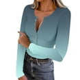 thumbnail image 3 of Josdec Women's Slim Fit T‑Shirt Gradient‑Print Henley Button‑V‑Neck Ribbed Long Sleeve Casual Pullover Tops S‑XXL, 3 of 10