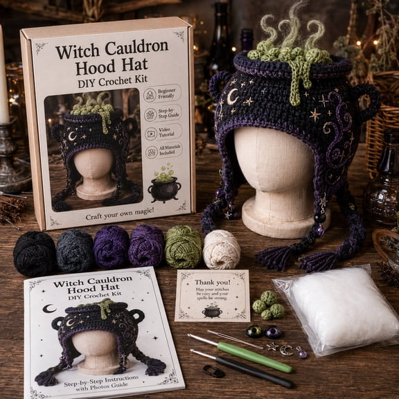 Halloween Hood Hat DIY Crochet Kit 4 Spooky Character Designs, Beginner Friendly Wearable Costume Craft with Yarn Tools