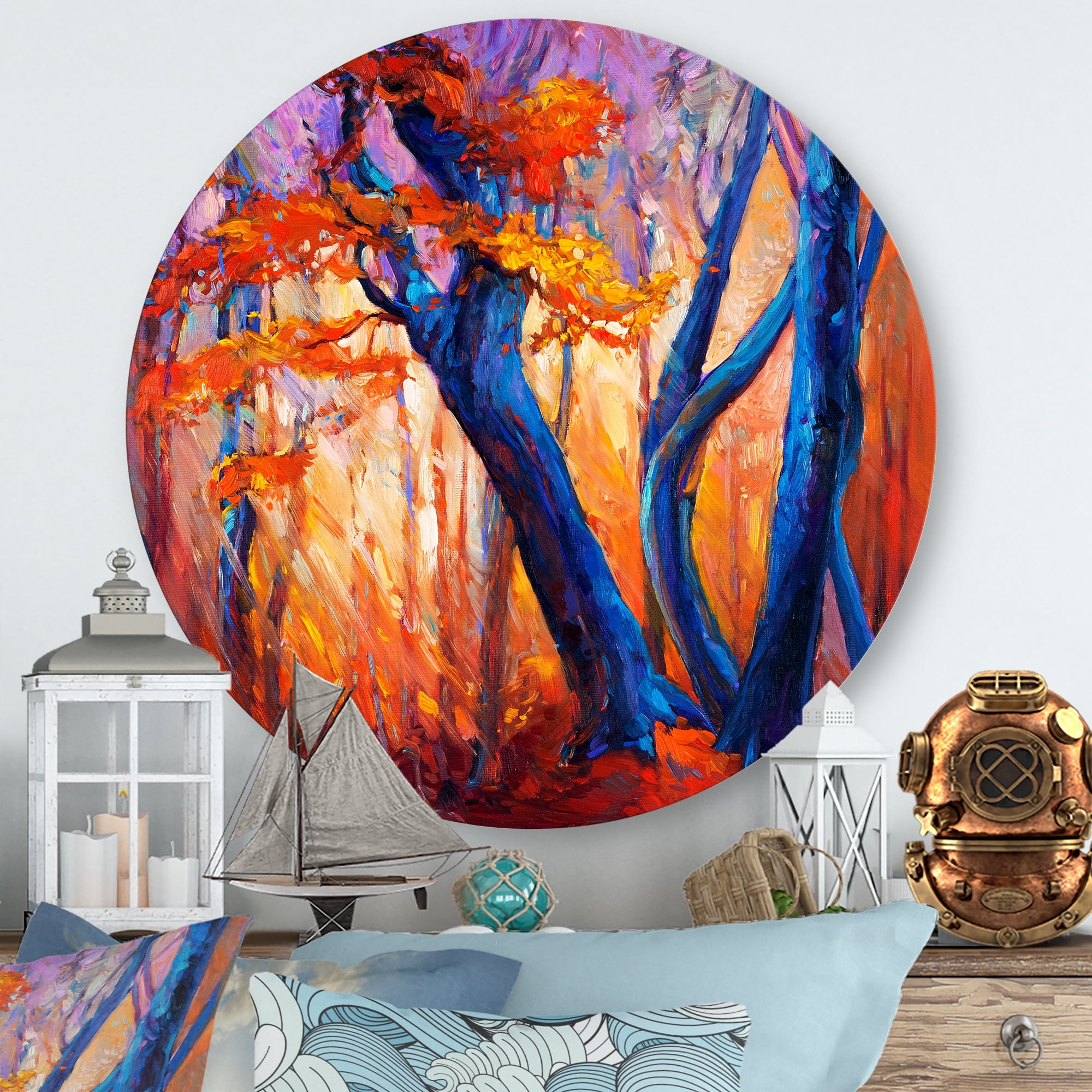 Designart 'Abstract Blue Silhouettes Of Trees In Orange Autumn Forest' Farmhouse Circle Metal Wall Art 11x11 - Disc of 11