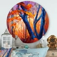 thumbnail image 2 of Designart 'Abstract Blue Silhouettes Of Trees In Orange Autumn Forest' Farmhouse Circle Metal Wall Art 23x23 - Disc of 23, 2 of 5