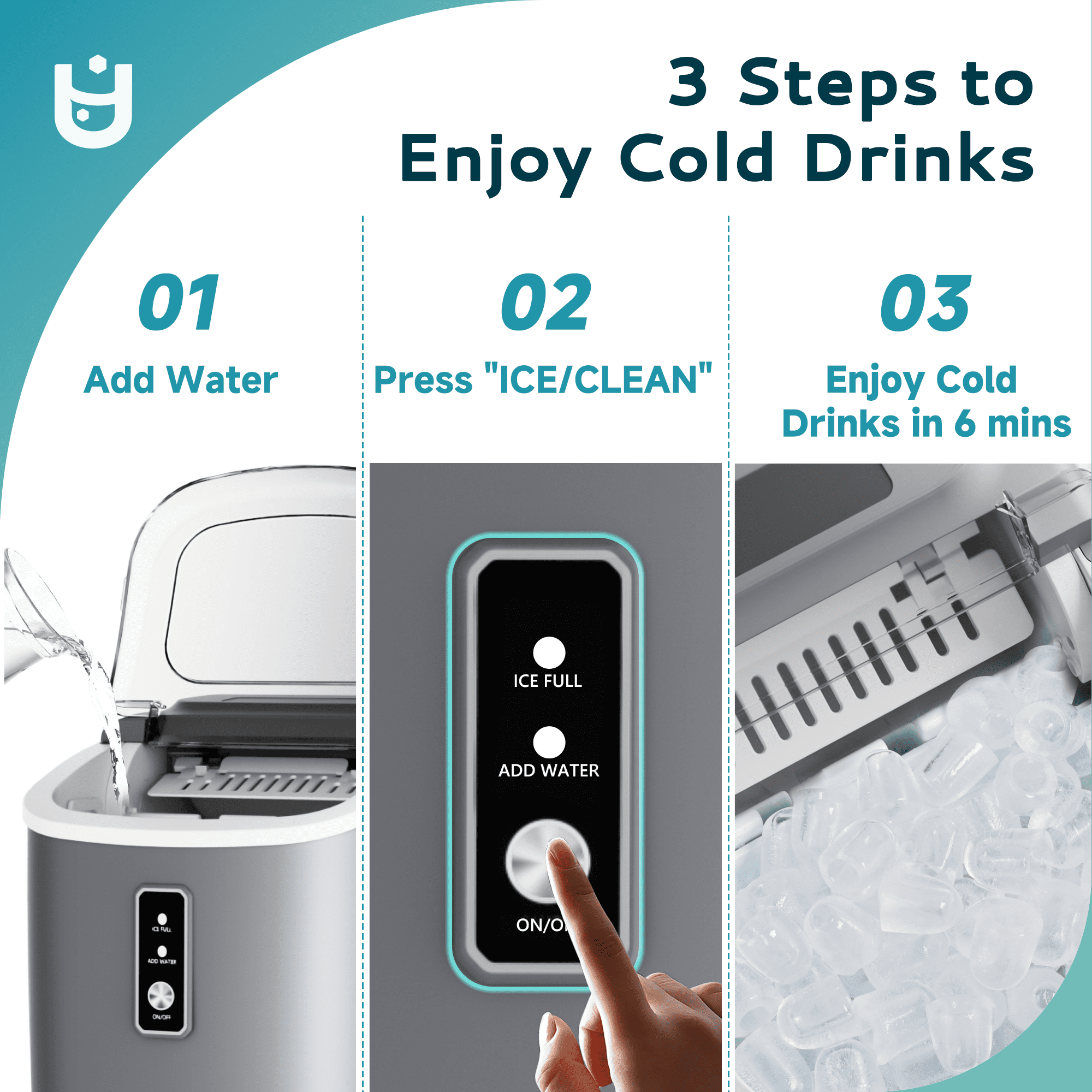 EUHOMY Countertop Ice Maker 26 lbs/Day Portable Self-Cleaning, 9 Bullet Ice in 6 Min, Gray