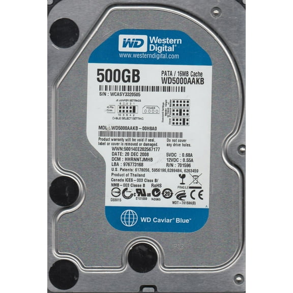 WD5000AAKB-00H8A0, DCM HHRNNTJMHB, Western Digital 500GB IDE 3.5 Hard Drive