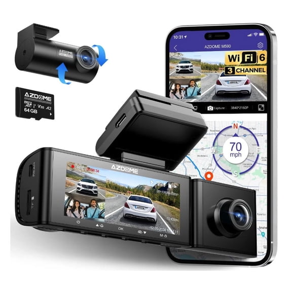 AZDOME 3 Channel WiFi 6 Dash Camera for Cars, 2.5K 1080P 1080P Dash Cam Front and Rear Inside, 64GB Card Included, 3.18" IPS Screen Car Camera with GPS, Parking Mode, IR Night Vision, WDR (M590)