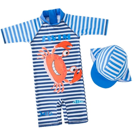 Styles I Love Kid Boys Chic Crab Printed One-Piece Rash Guard with Sun Hat 2pcs Swimsuit Pool Swimwear Beach Bathing Suit (Crab/Stripes, (Best Bathing Suit Stores)