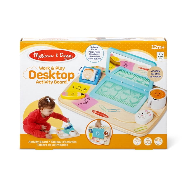Tableau d'Activités de Bureau Work & Play par Melissa & Doug, Jouet de gym d'Activités en Bois pour Bébés et Tout-Petits avec design d'Ordinateur Portable Comprenant un Miroir peekaboo, des Boutons de Clavier Caoutchoutés, une Liste de Contacts Tournante, une Souris Coulissante et un insert de Tasse à Rabat pour le Développement de la Motricité fine et la Reconnaissance des Formes.