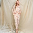 thumbnail image 3 of Women's Floral Print Button-Up Long Sleeve Pajama Set with Ruffle Details - Small, Light Beige, 3 of 7