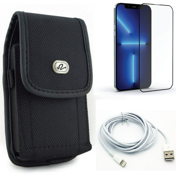 6ft USB Cable & Case Belt Clip & Screen Protector for iPhone 13 Pro Max ONLY - Charger Cord Power Wire   Rugged Holster Canvas   Anti-Glare Tempered Glass Matte Combo