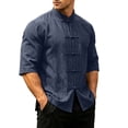 thumbnail image 2 of Men Mandarin Collar Frog Button Linen Button Up Shirt, 3/4 Sleeve Loose Casual Top with Pockets for Summer Vacation Daily Wear Navy M, 2 of 9
