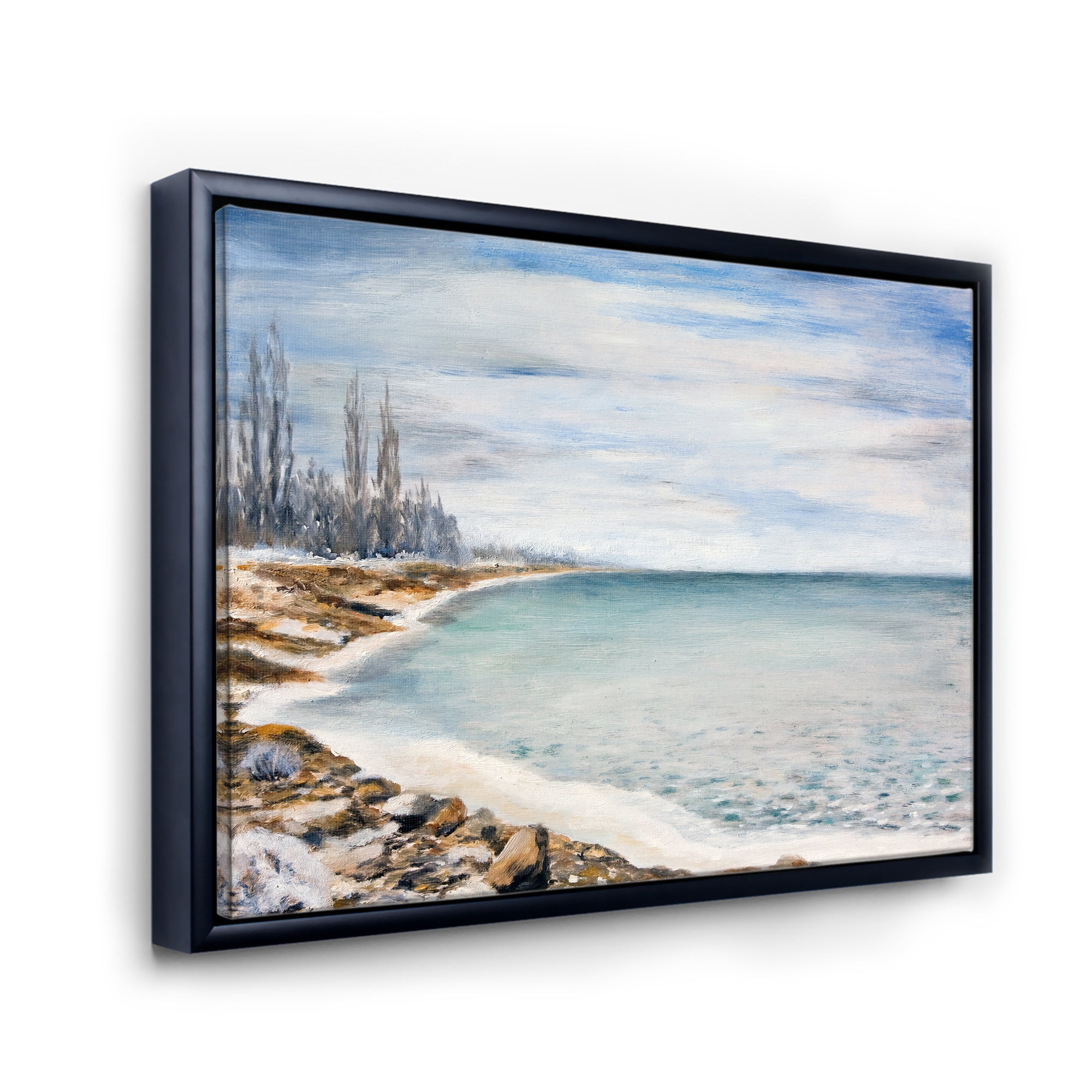 Designart 'Beach Is Covered With Ice' Nautical & Coastal Framed Canvas Wall Art Print