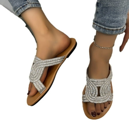 

Women s Casual Summer Slip On Flat Sandals Rhinestone Sparkly Strappy Slippers Cutout Trendy Walking Beach Shoes