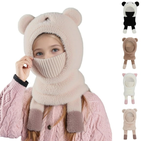 Kids Balaclava Winter Hat, Plush Face Cover & Neck Warmer Set, Stretchable One Size Fits Children 4-10 Years, Warm Ear Protection for Outdoor Snow Sports
