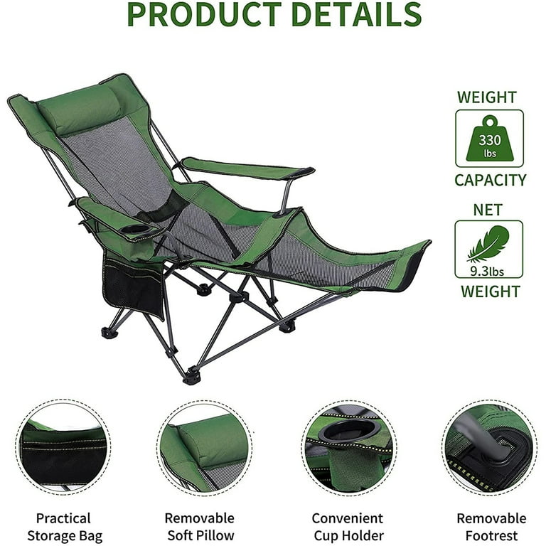 Camping Lounge Chair Portable Reclining Camping Chair Folding Camping Chair  with Footrest,Headrest & Storage Bag,Mesh Recliner with Backpack, 300lbs  Weight Capacity 