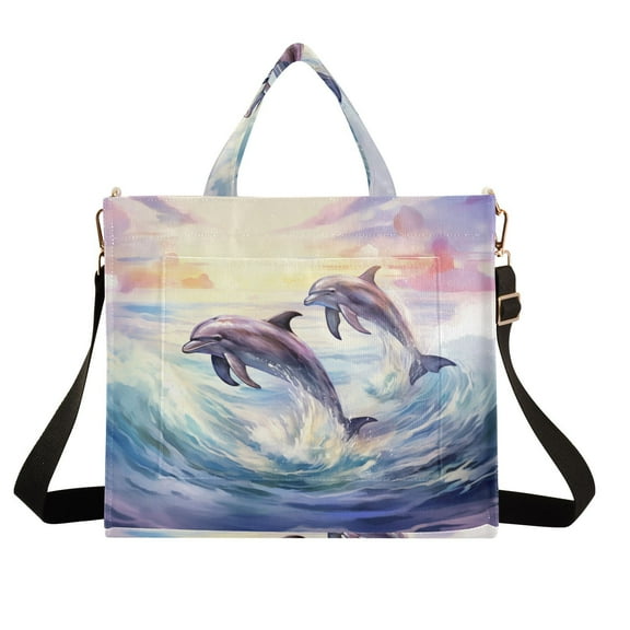 Dolphin Waves Corduroy Tote Bag Handbag Large Messenger Bag Shoulder Crossbody Zipper Bag Purse
