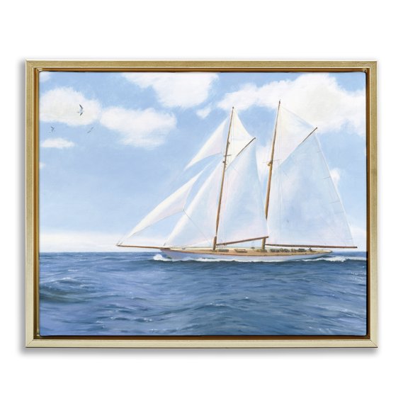 Stupell Industries Coastal Blue Nautical Sailboat Gold Floating Frame Canvas Art, 31 x 25, by James Wiens