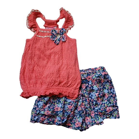 Girls Coral & Blue Ruffled Tank Top & Shorts 2 Piece Summer Floral Outfit Set 6