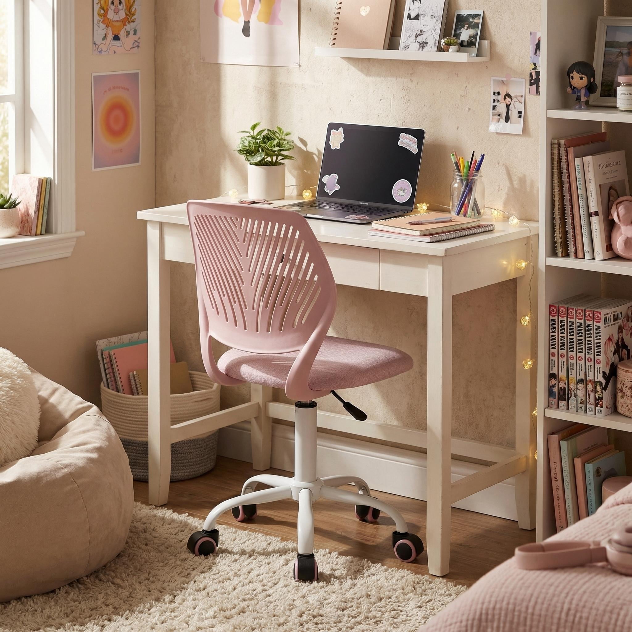 Homy Casa Teen Desk Chair, Adjustable Swivel Mesh Back Vanity Chair for Bedroom Study, Pink