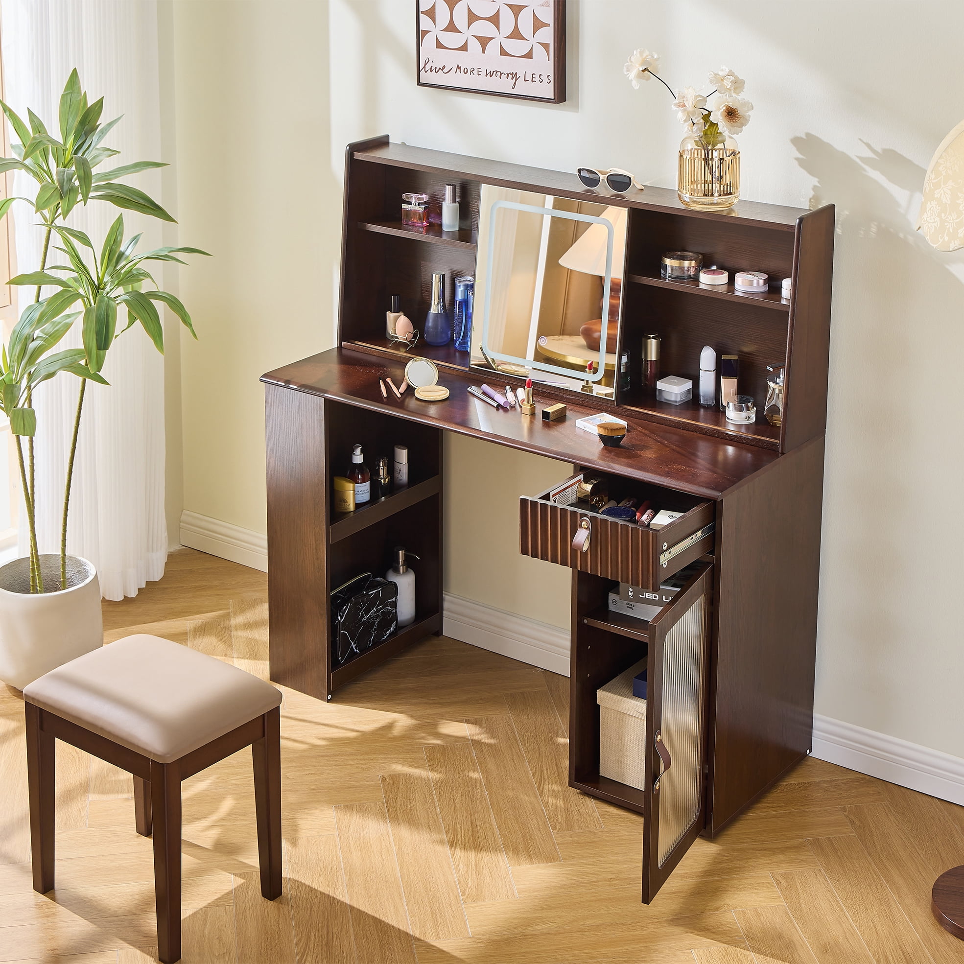 Euroco Modern Walnut Vanity Set with Sliding Touch Mirror & LED Lighting – Fluted Drawer Panel, Ample Storage, Solid Wood Frame, Stool Included