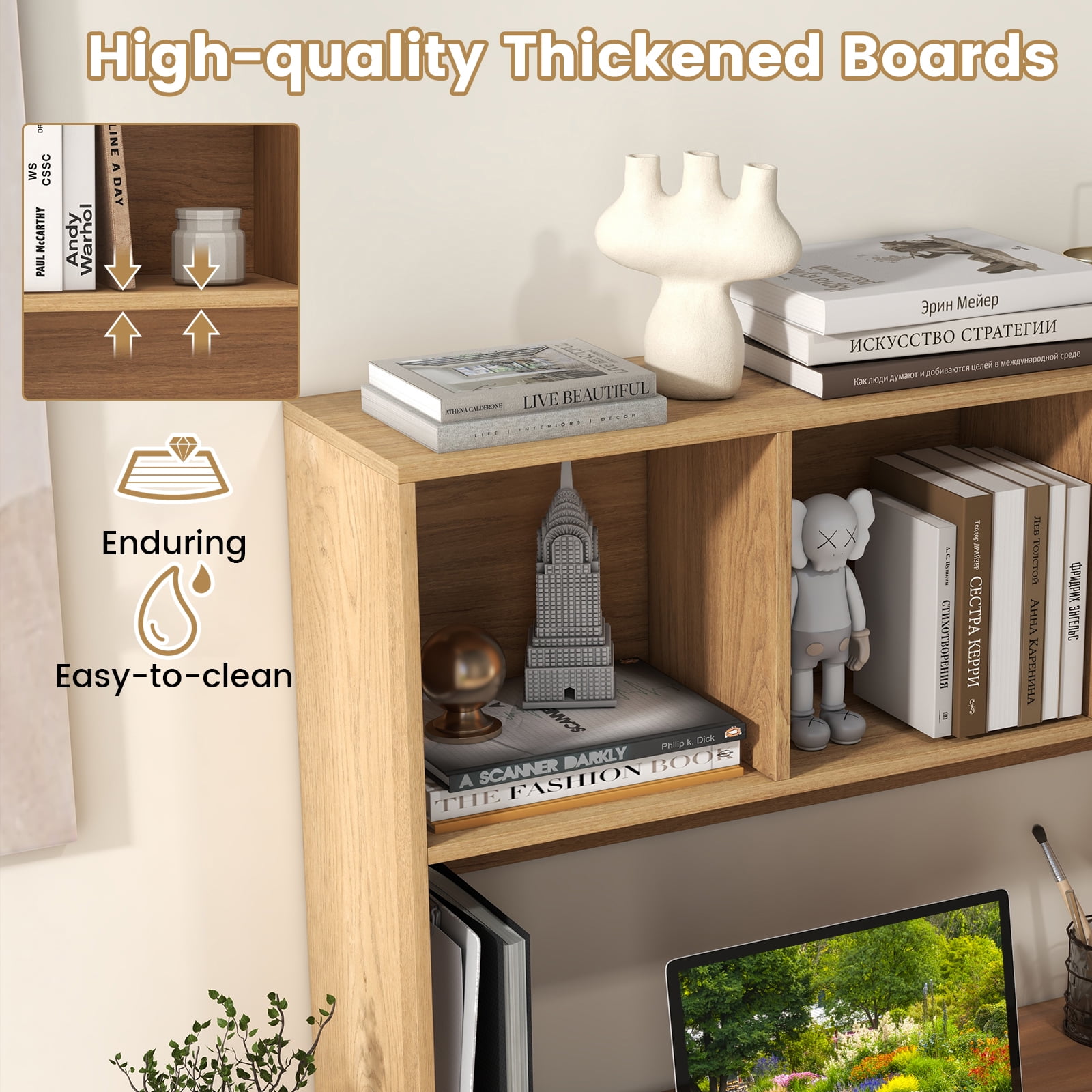 Giantex Desk Hutch, 2-Tier Desktop Organizer Shelf for Computer Desk, Wide Wooden Table Top Bookshelf, Countertop Storage Rack, Natural